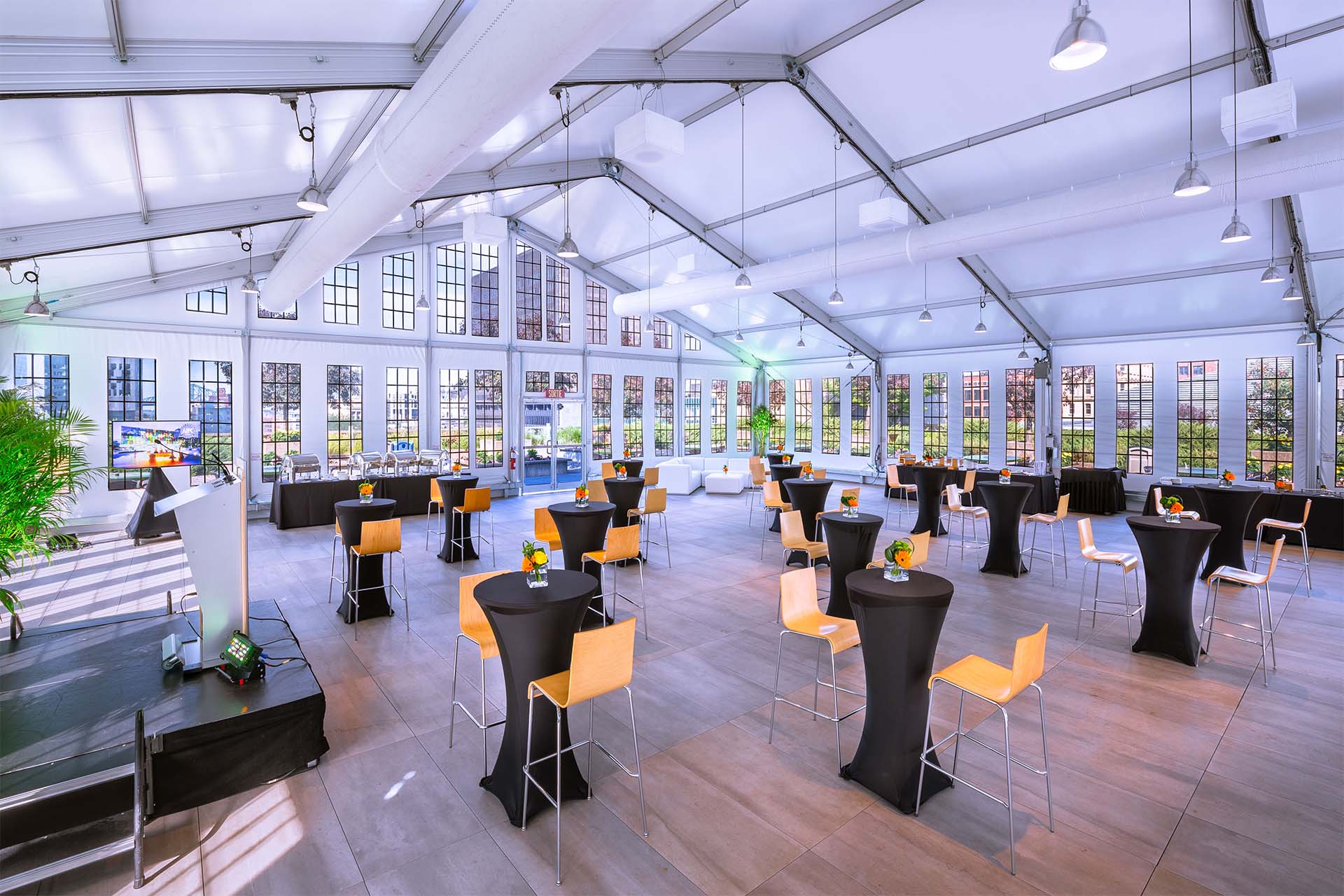 Clearspan structure tent interior with event setup