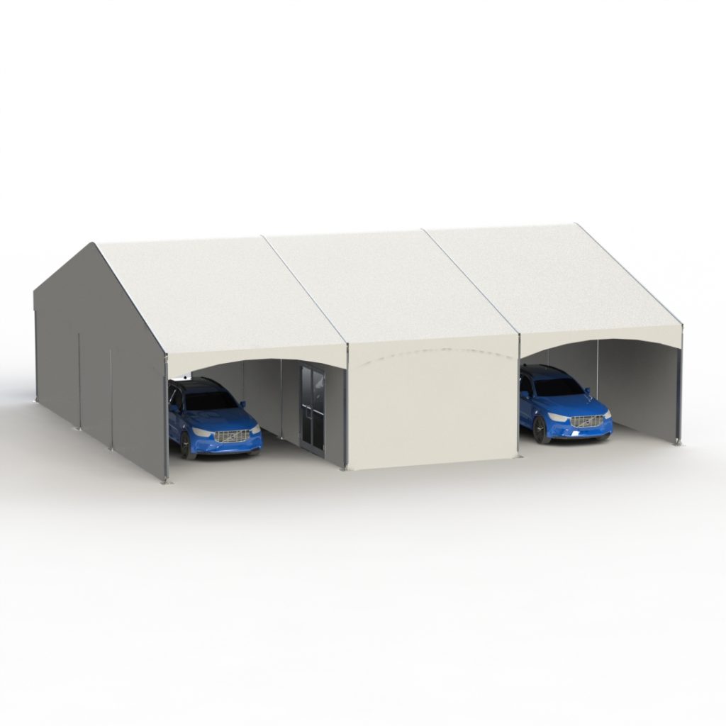 3D rendering of dual-lane drive-through emergency response tent with vehicle access bays and operator station