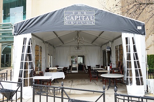 Restaurant seating expansion tent for outdoor dining and patios
