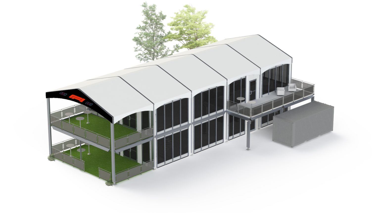 F1 Montreal Grand Stand — Isometric 3D Rendering F1 Montreal double decker grand stand structure isometric 3D rendering showing full structure layout and spectator platforms