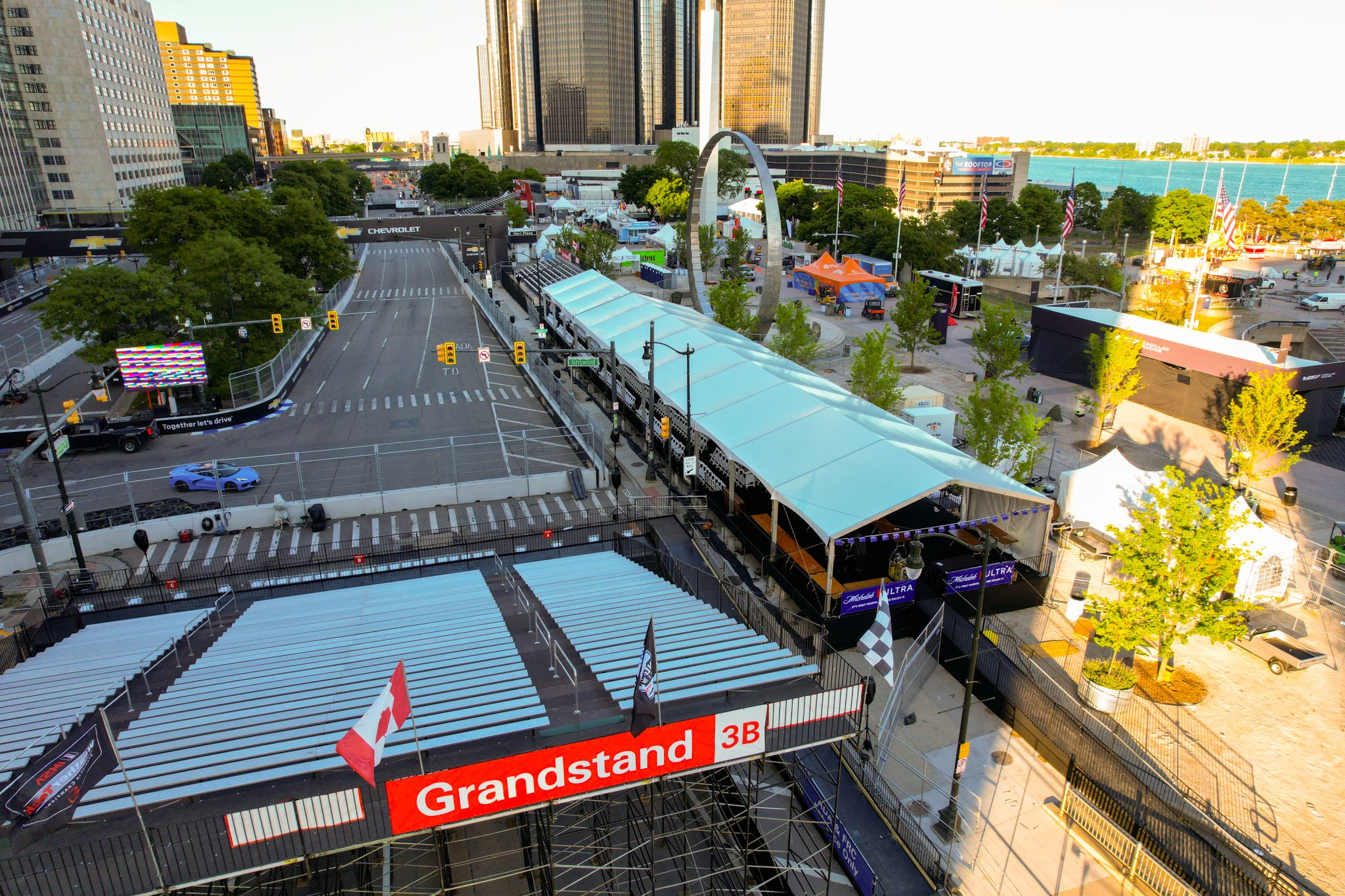 Aerial view of Grandstand 3B covered structure tent with spectator bleacher seating at Detroit Grand Prix
